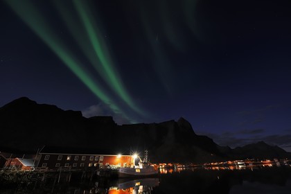 Norvège, Nordland, Iles Lofoten, ile de Moskenesoy, aurore boréale au dessus du village de pêcheurs de Reine