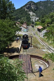 France, Alpes de Haute Provence, Annot, Train des Pignes historic train, locomotive turning maneuver on the swing bridge