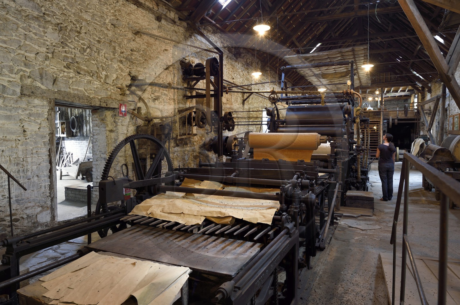 France, Dordogne, Périgord Noir, Payzac, former Papeterie de Vaux, Ecomuse e European paper straw piles Dutch and heating cylinders, Production of stationery Vaux is the manufacture of paper from rye straw, mainly used in food and packaging