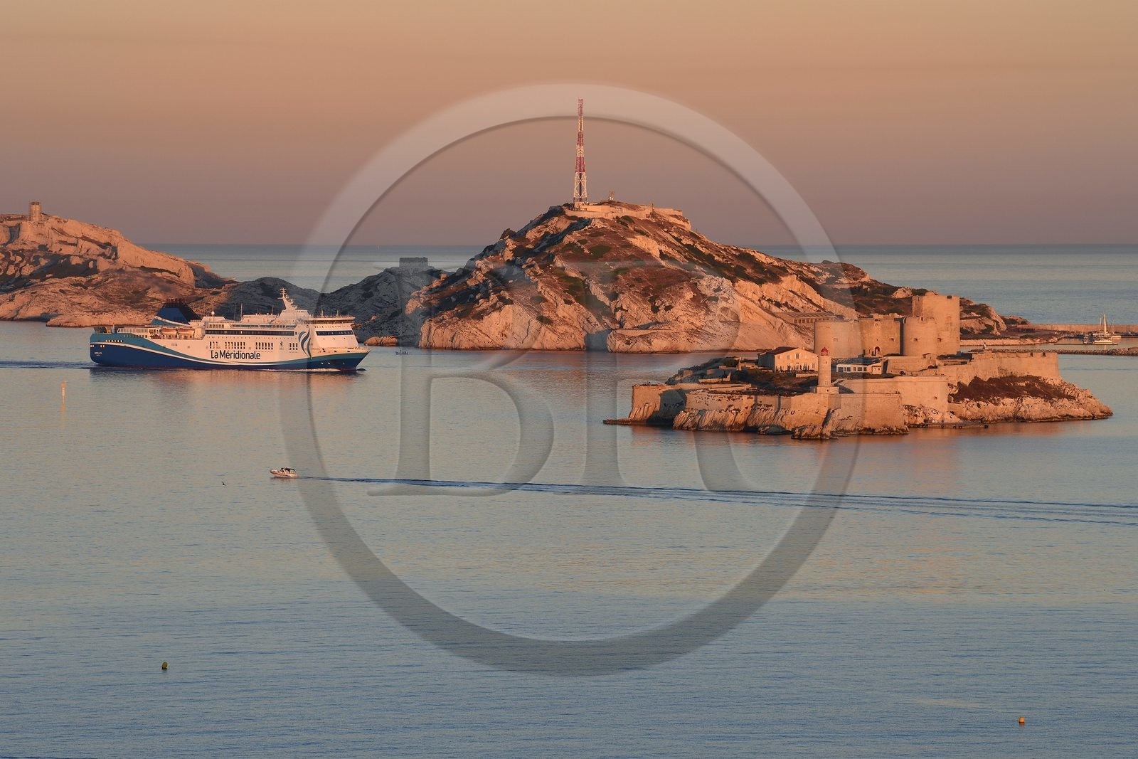 France, Bouches du Rhone, Marseille, Calanques National Park, archipelago of Frioul islands, La Meridionale Ferry arriving from Corsica and the Chateau d'If in the foreground