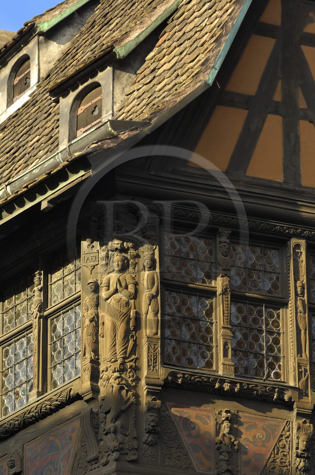 France, Bas Rhin, Strasbourg, old town listed as World Heritage by UNESCO, Place de la Cathedrale, the wooden half-timbering house Maison Kammerzell converted to a hotel and restaurant, detail of the 16th century facade