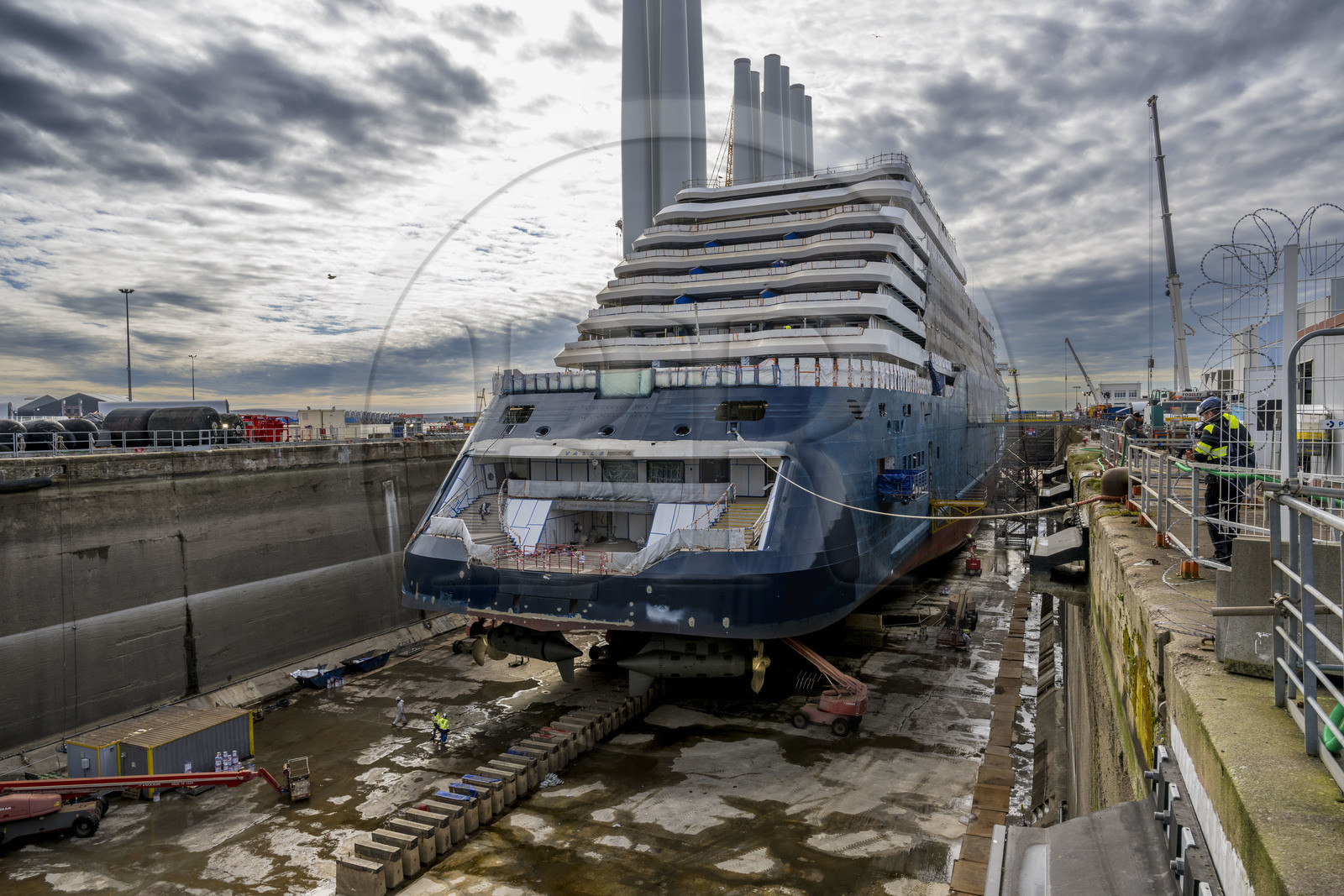France, Loire-Atlantique, Saint-Nazaire, construction of the luxury superyacht Ritz-Carlton Luminara in the Joubert dry dock form