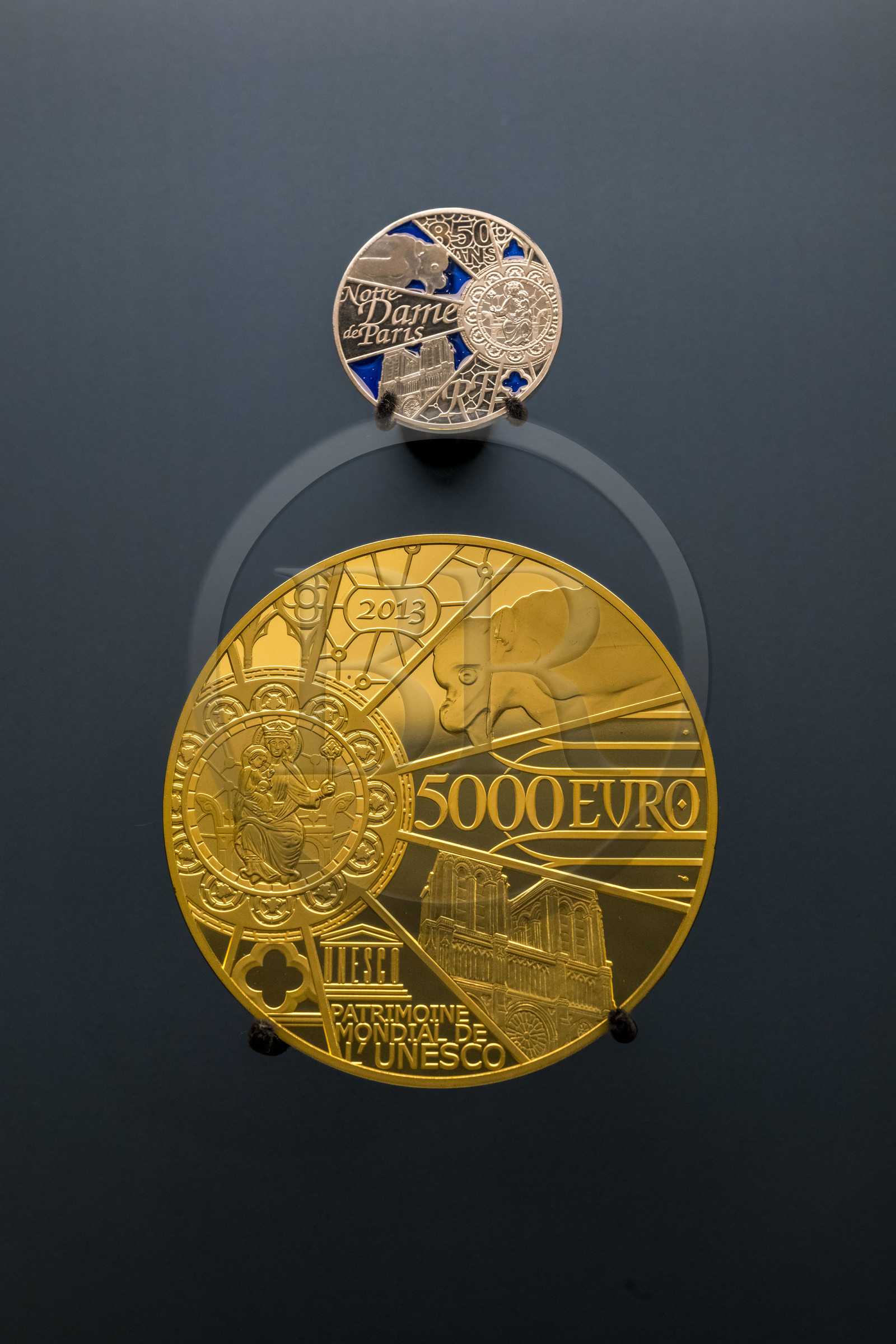 France, Paris, the Monnaie de Paris (Paris Mint) Museum, 10 euro silver coin and 5000 euro gold coin for the celebration of the 850th anniversary of Notre-Dame de Paris