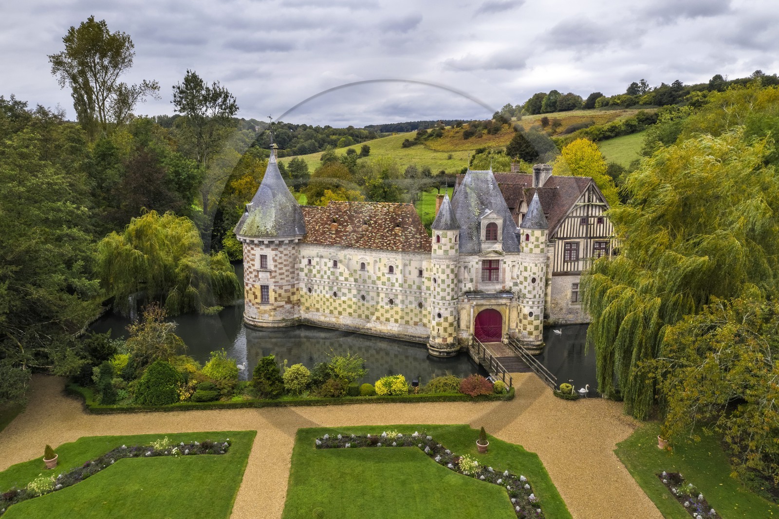 France, Calvados, Pays d'Auge, 15th and 16th century Saint Germain de Livet Castle labeled Museum of France (aerial view)