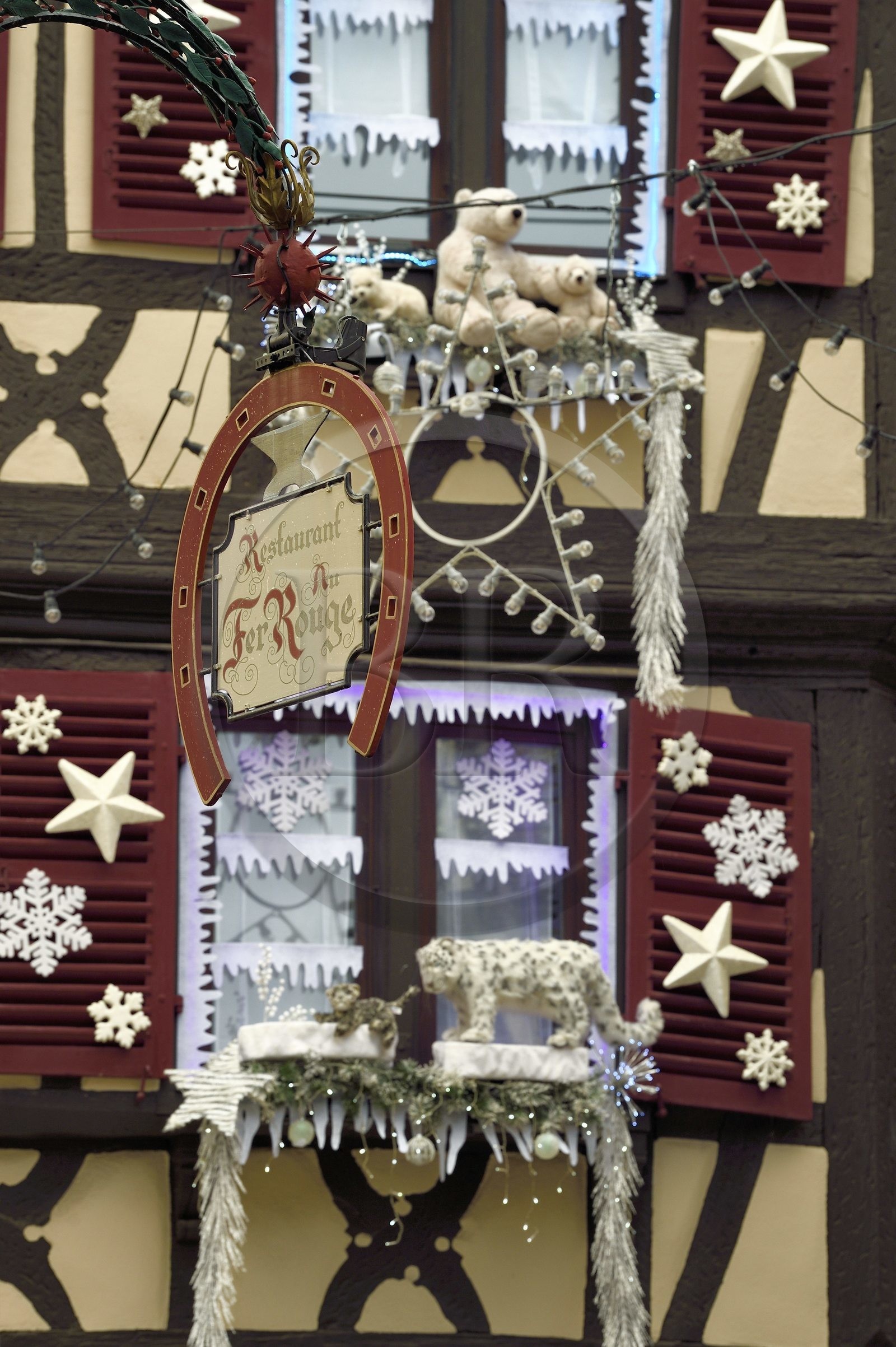 France, Haut Rhin, Colmar, wood-framed houses in Rue des Marchands with Christmas decorations