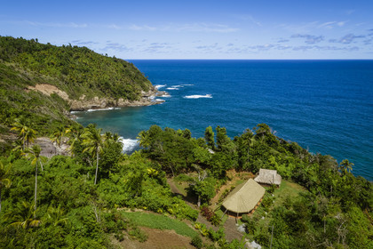 Caribbean, Dominica Island, Salybia, Kalinago Territory, Kalinago Barana Autê (the Caribbean village by the sea), large village of the Kalinagos Indians intended for the development and sharing of their traditional activities (aerial view)