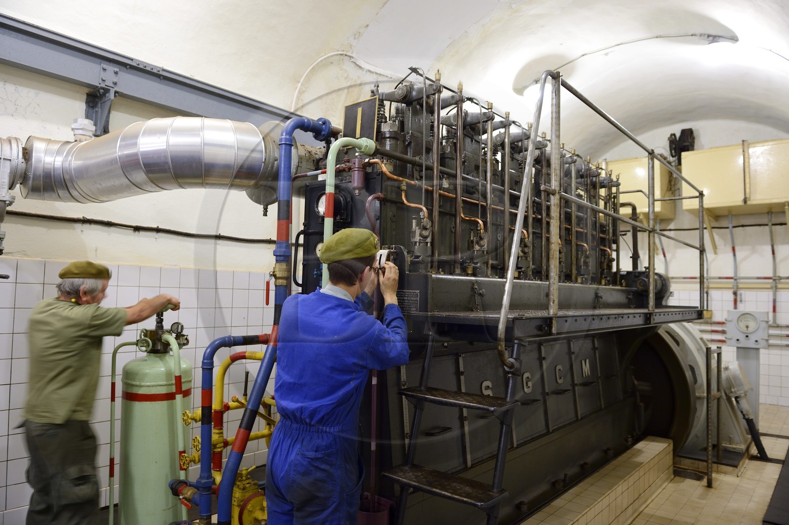 France, Moselle (57), Veckring, Ligne Maginot, forteresse du Hackenberg, un des quatre groupes électrogènes SGCM de 350 chevaux