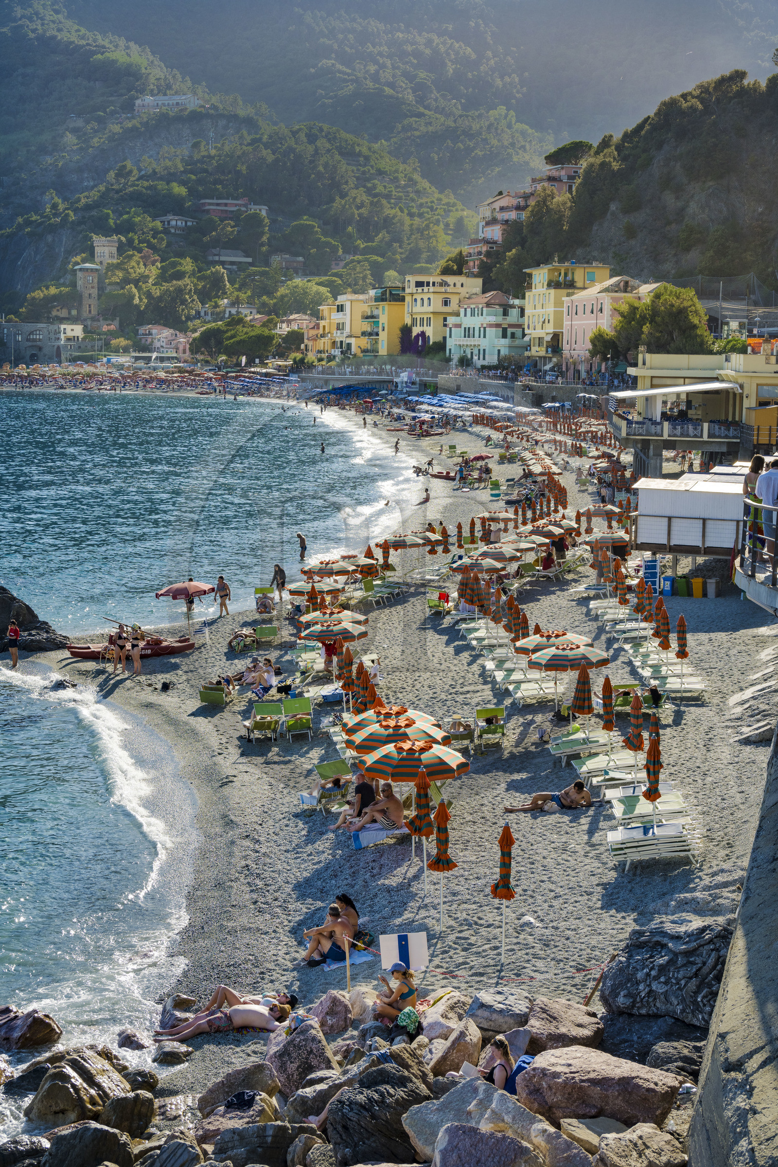 Italy, Liguria, Cinque Terre National Park listed as World Heritage by UNESCO, the large beach from the village of Monterosso al Mare