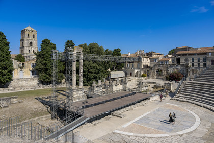 France, Bouches du Rhone, Arles, the ancient theatre of the 1st century BC and the Saint-Trophime Cathedral, listed as World heritage by UNESCO