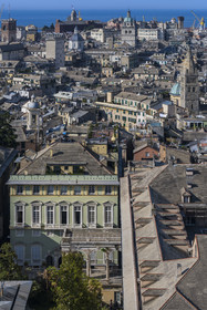 Italy, Liguria, Genoa, the Palazzo di Baldassarre Lomellini one of the Rolli Palace listed as World Heritage by UNESCO in the Strada Nuova today via Garibaldi, the Basilica of Santa Maria delle Vigne and the cathedral (Cattedrale di San Lorenzo) in the background