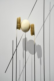 France, Moselle, Metz, Amphitheatre district, Centre Pompidou Metz, art center designed by architects Shigeru Ban and Jean de Gastines, Rebecca Horn's artwork, Ostrich egg, struck by lightning (1995)