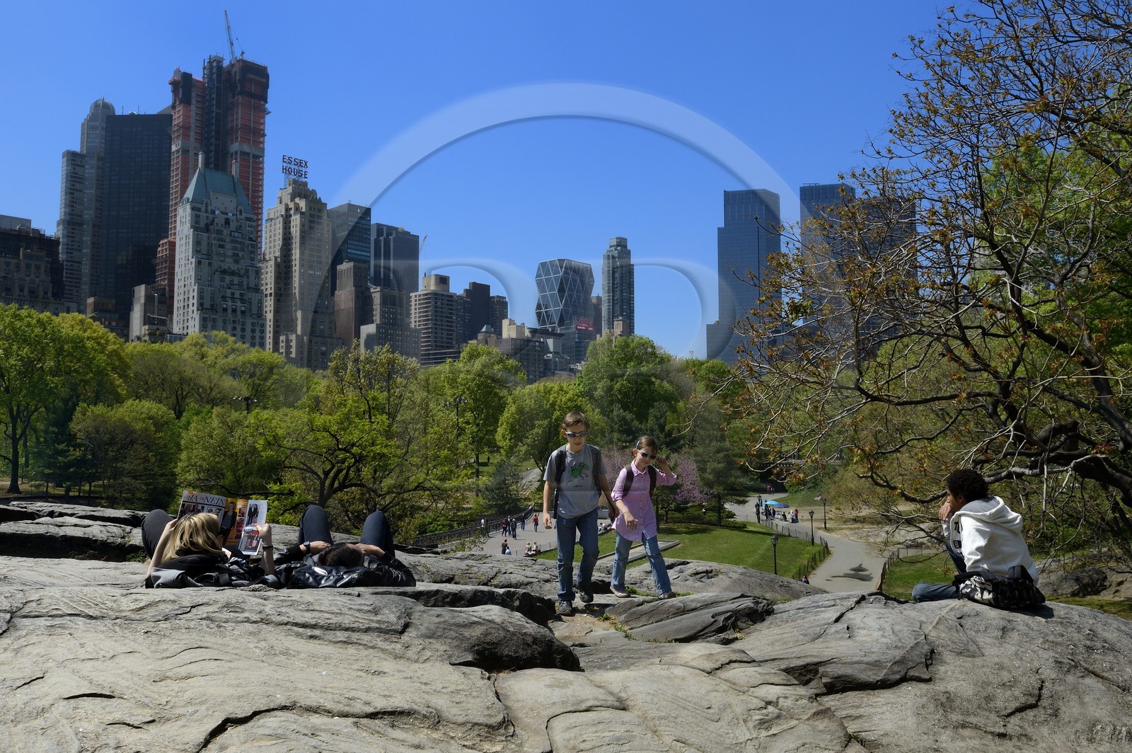 Etats-Unis, New York, Manhattan, Central Park, les rochers près du Pond, les immeubles de Midtown et le Time Warner Center (sur la droite) en arrière plan