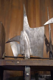 France, Bas Rhin, Orschwiller, Alsace Wine Road, Haut Koenigsbourg Castle, the arms room presents the various halberds, swords, crossbows and armors, 15th century halberd