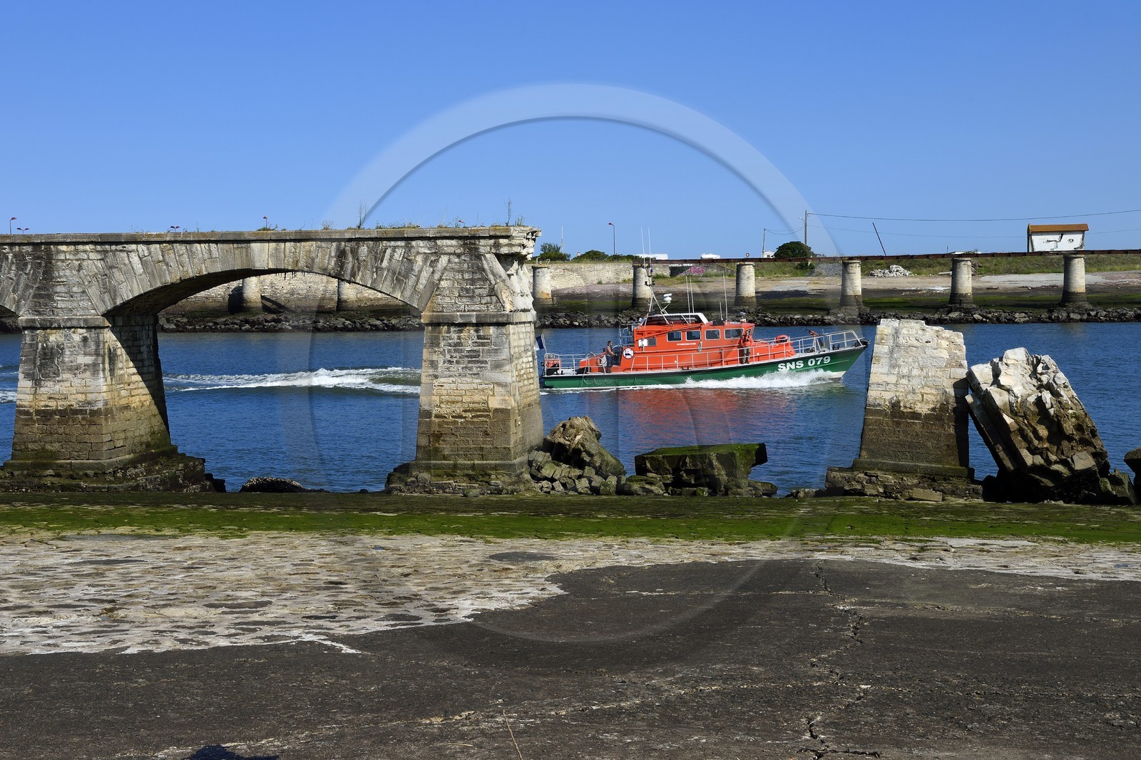 France, Pyrenees Atlantiques, Basque Country, Anglet, mouth of the Adour river, access to the sea for the port of Bayonne, boat of the National Society of Sea Rescue