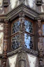 France, Bas Rhin, Saverne, detail of the facade of the Maison Katz from the 17th century, carved corner bow window