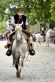 Argentine, province de Buenos Aires, San Antonio de Areco, fête du Jour de la Tradition (Dia de la Tradicion), gaucho à cheval défilant en habit traditionnel