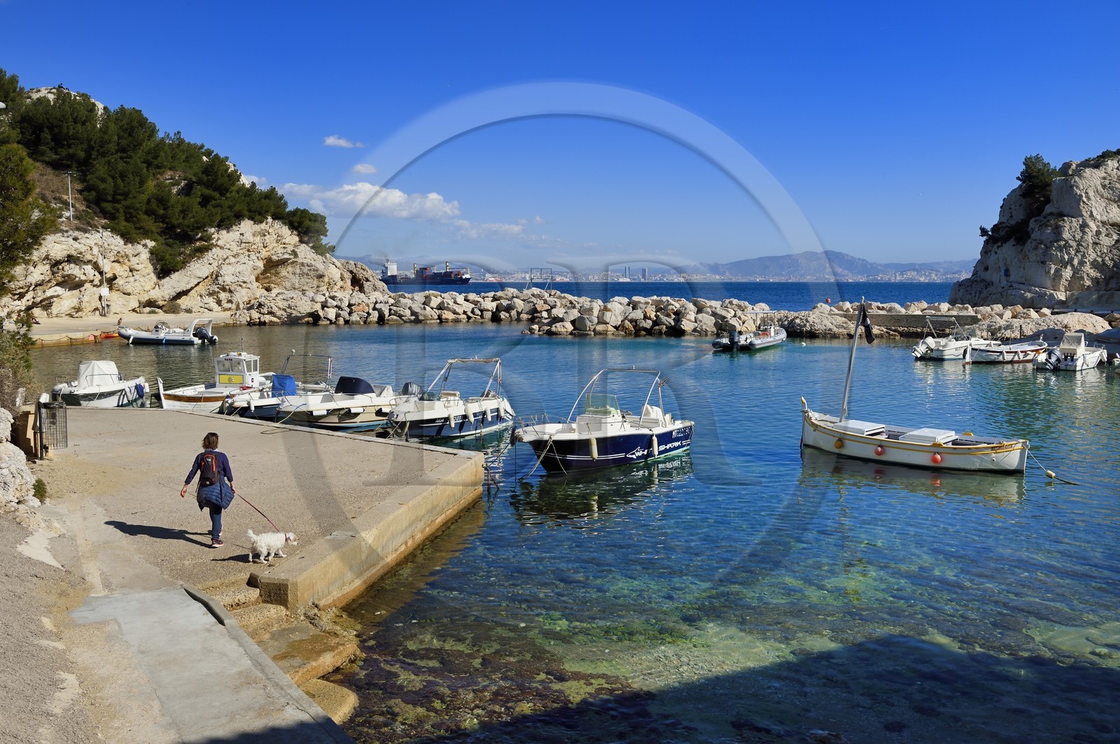 France, Bouches-du-Rhône (13), Le Rove vers Marseille, la Cote Bleue, randonnée de Niolon au Cap Méjean le long du Sentier des Douaniers, le port de Niolon et la ville de Marseille en arrière plan