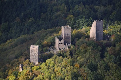 France, Haut Rhin, the three donjons of Eguisheim in the massif des Vosges (aerial view)