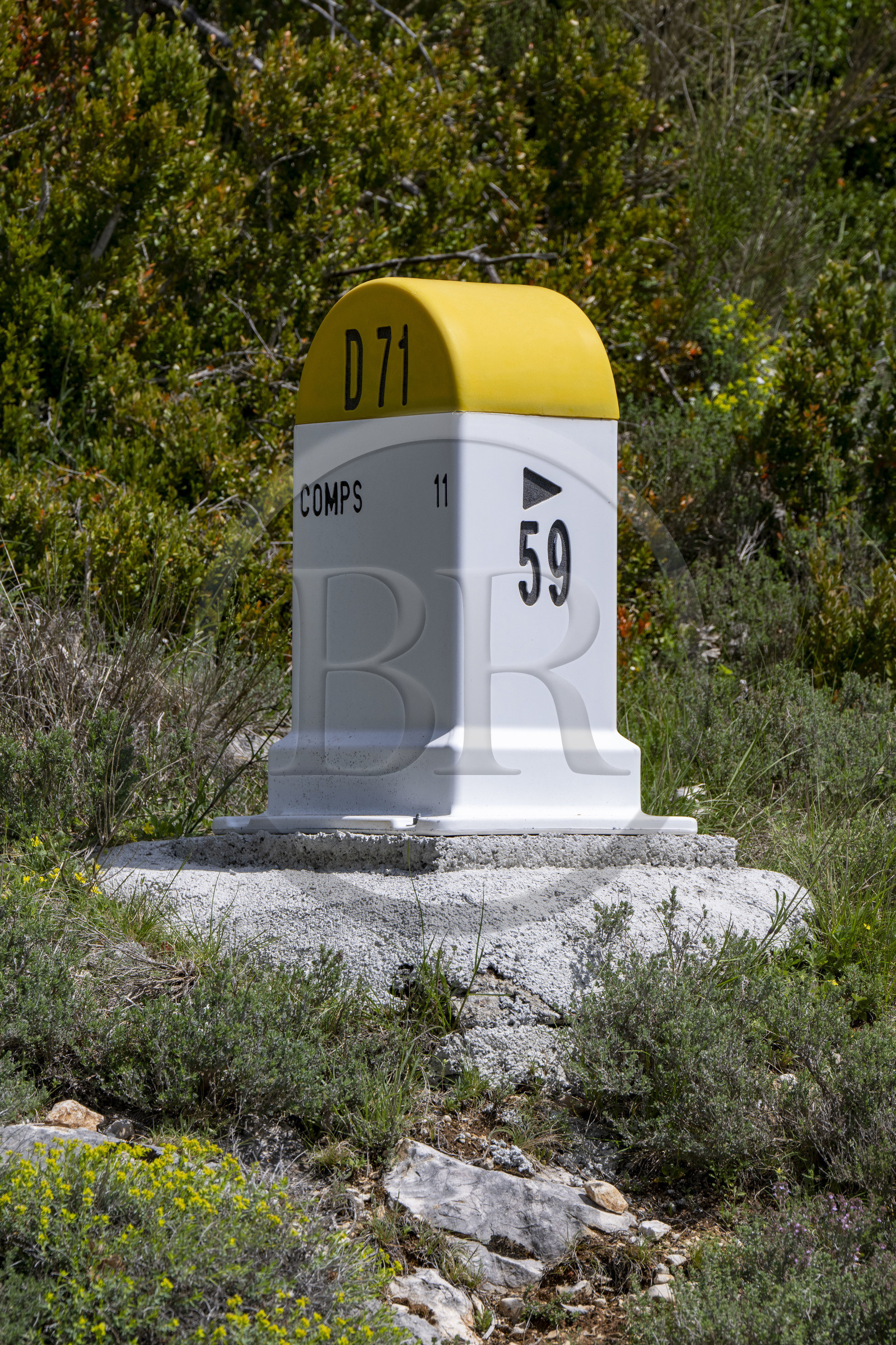 France, Alpes-de-Haute-Provence (04), parc naturel régional du Verdon, Gorges du Verdon, borne kilométrique sur la D71