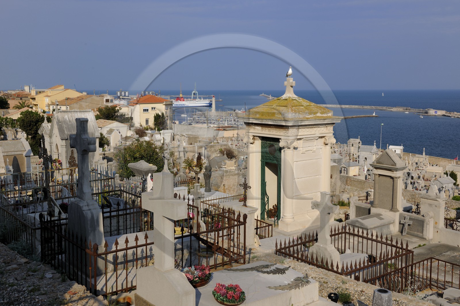 France, Herault, Sete, Paul Valery Maritime Cemetery and the port in the back