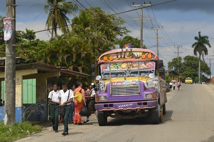 Panama, Colon province, bus called Diablo Rojo (Red Devil) covered with garish paintings