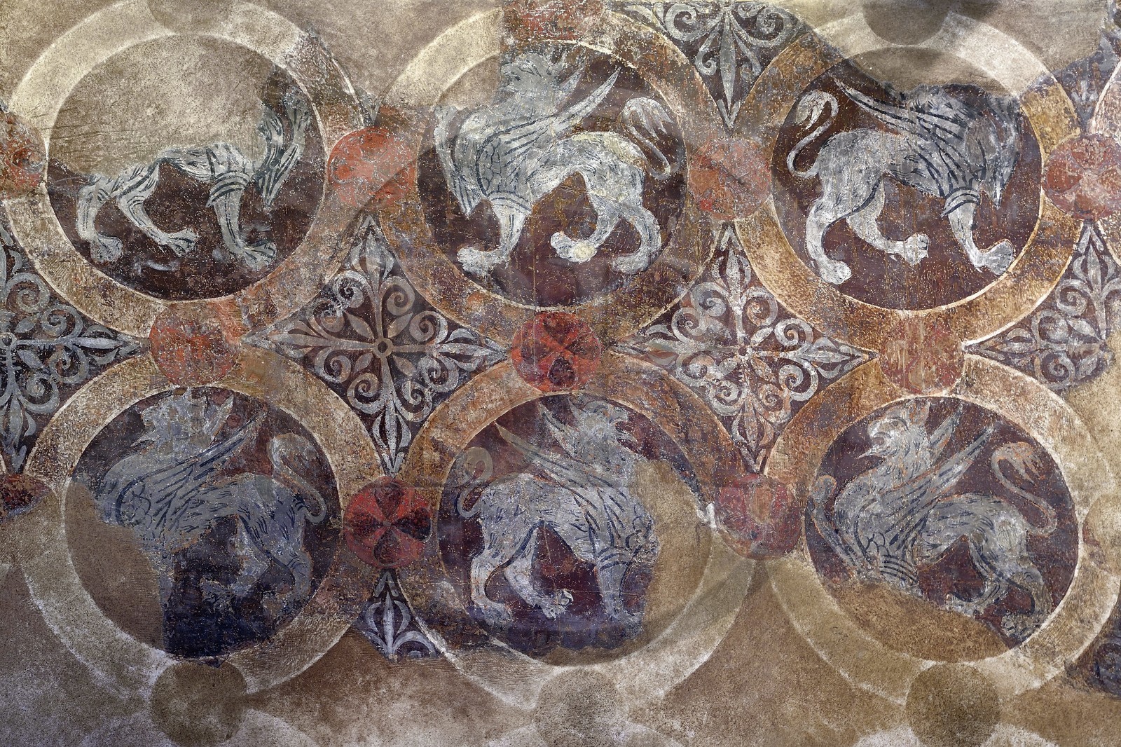 France, Haute Loire, Le Puy en Velay, Routes of Santiago de Compostela, the Our Lady (Notre-Dame-de-l'Annunciation) cathedral listed as World heritage by UNESCO, home of the clergeons, apartment of the dean, 12th century Griffins room, pictorial reproduction of griffin motifs from the most expensive Byzantine fabrics of the time