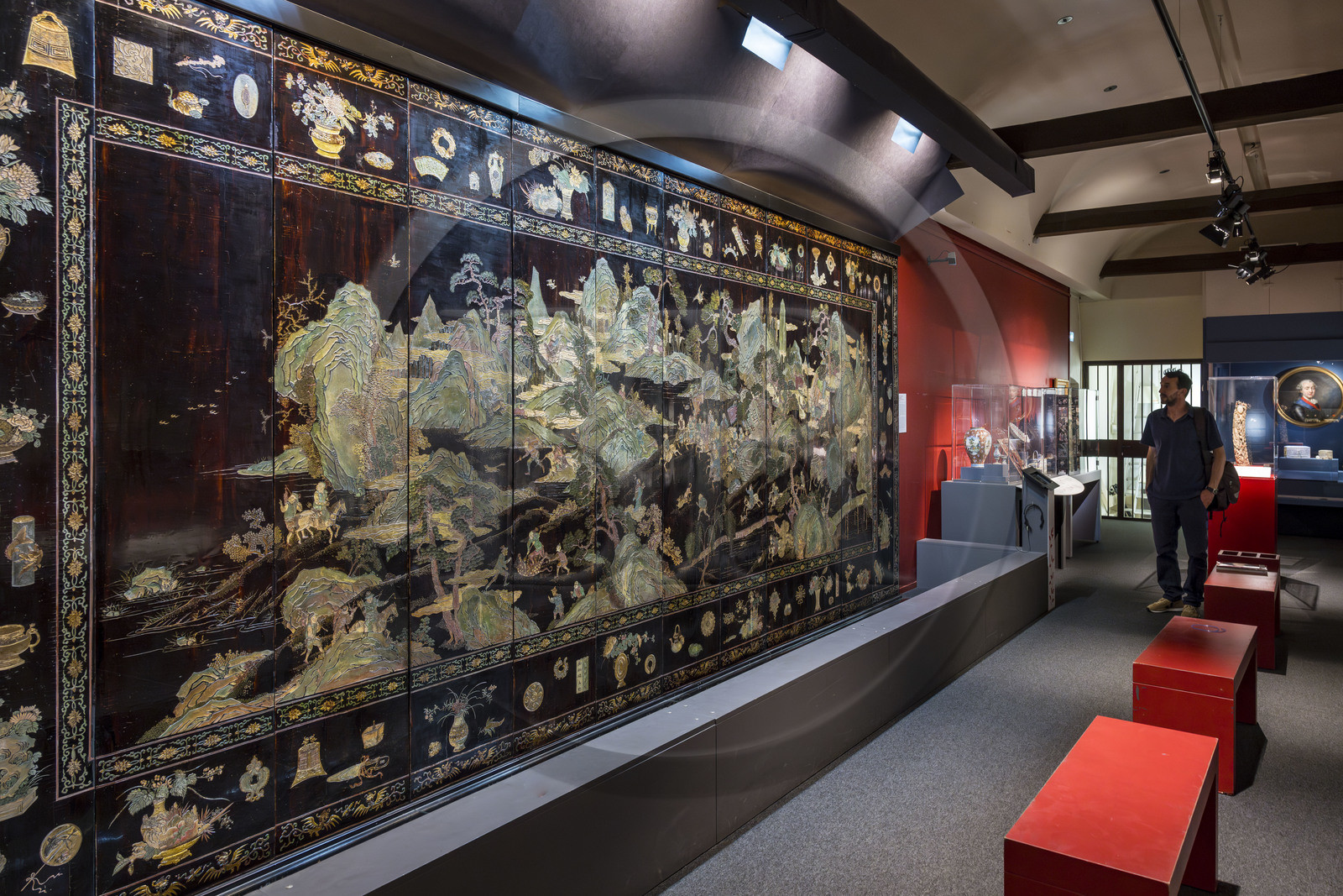 France, Morbihan, Port-Louis, Port Louis Citadel, museum of the Compagnie des Indes, screen from the Coromandel Coast depicting the Kangxi Emperor's hunt in the Mulan Reserve, China Kangxi period 1662-1722