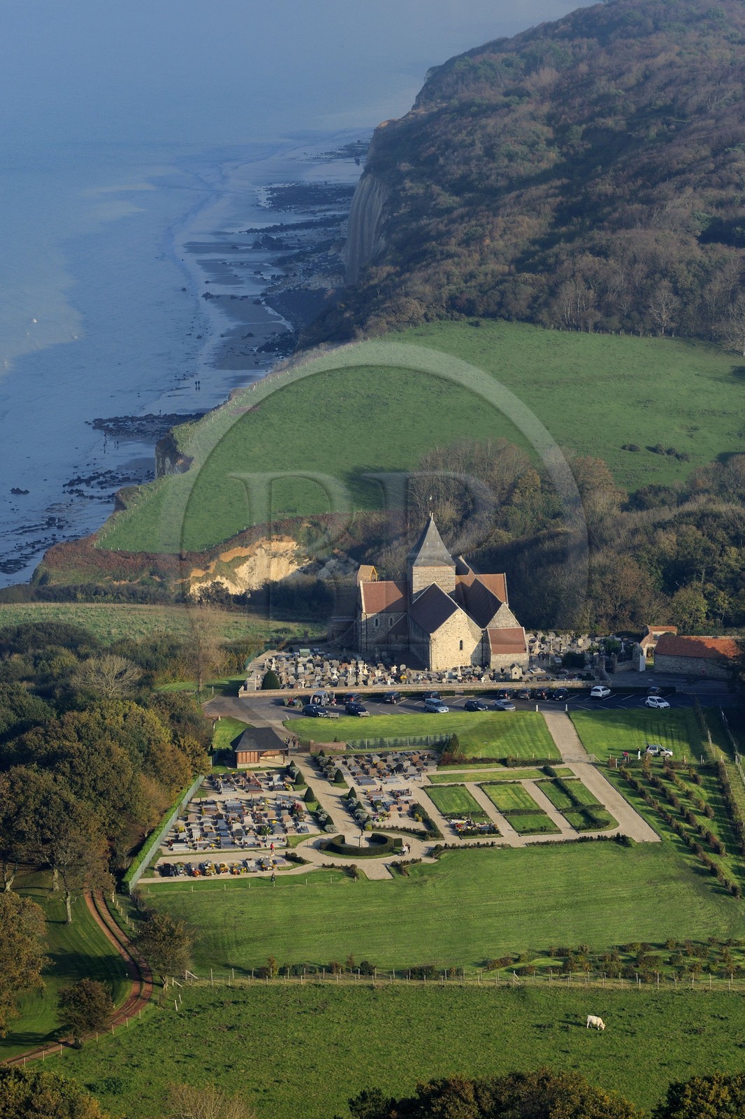 France, Seine-Maritime, Pays de Caux, the church of Varengeville-sur-Mer and its cemetery by the sea overlooking the cliffs of the Cote d'Albatre (Alabaster Coast) (aerial view)