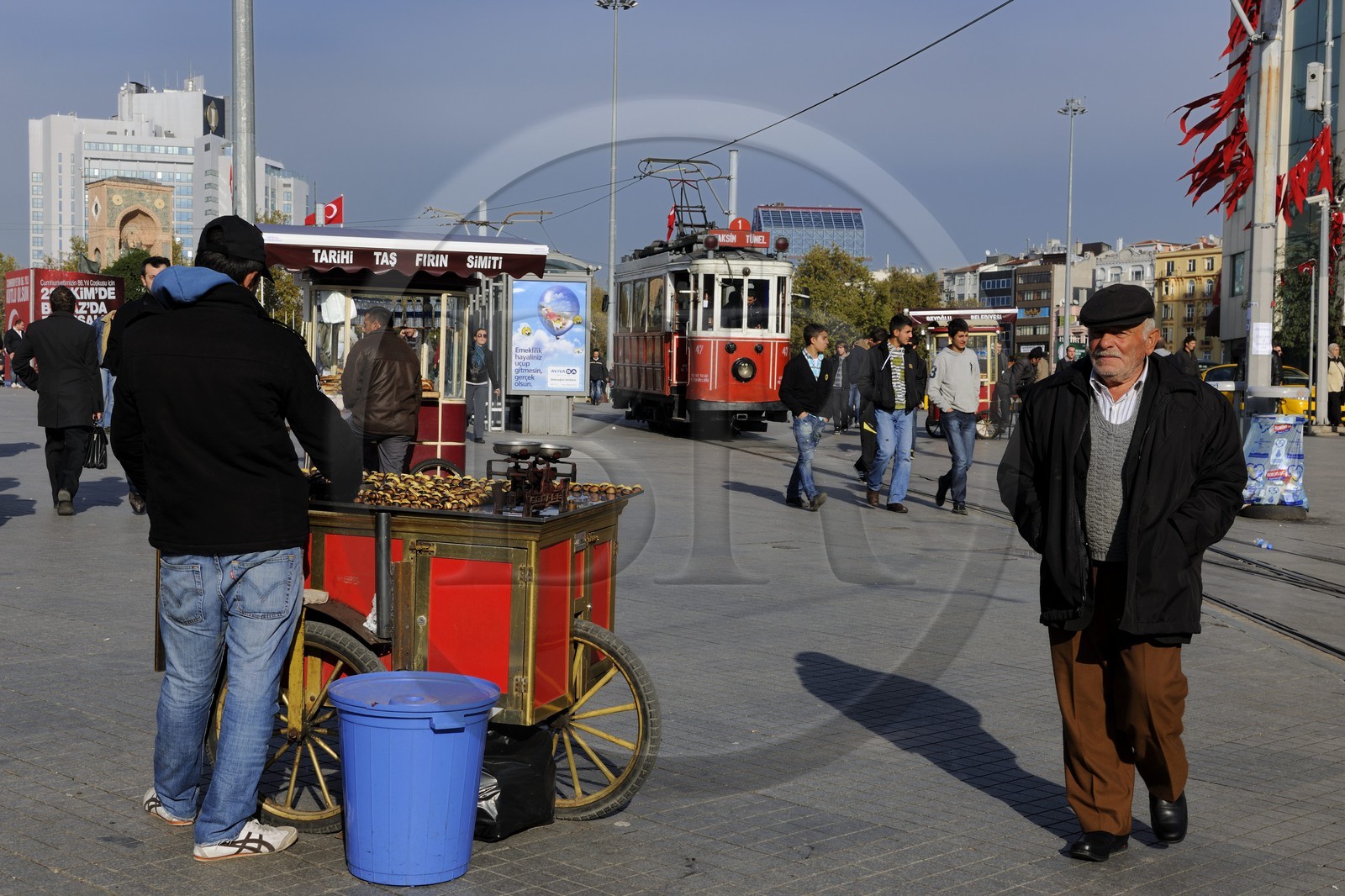 Turkey, Istanbul, Beyoglu, Taksim District, the old tramway in Taksim at the end of the Istiklal Caddesi street