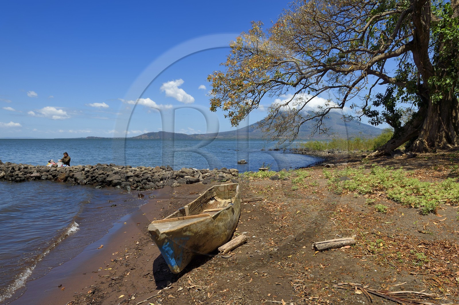 Nicaragua, Ometepe Island in Lake Nicaragua, village of Merida, woman doing her laundry in the lake and the Conception volcano (1610 m) in the background