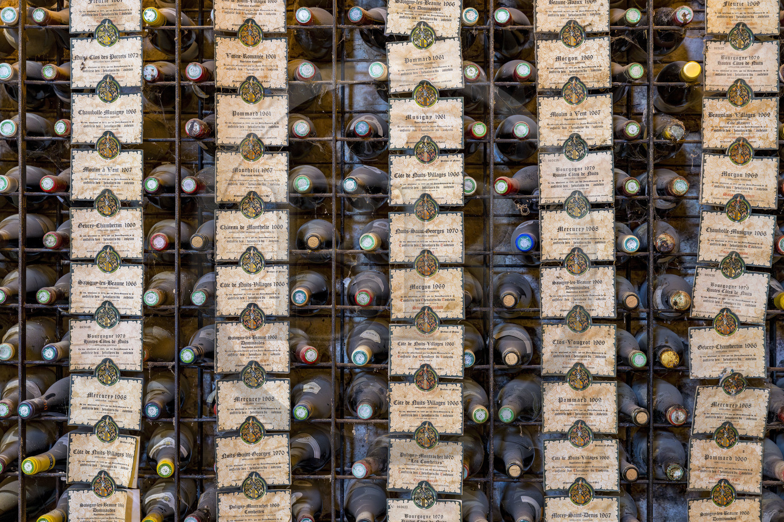 France, Côte-d'Or (21), Paysage culturel des climats de Bourgogne classés Patrimoine Mondial de l'UNESCO, Route des Grands Crus, vignoble de la Côte de Nuits, Vougeot, le Chateau du Clos de Vougeot, oenothèque dans le cellier du château du Clos de Vougeot avec les plaques des tastevinages annuels