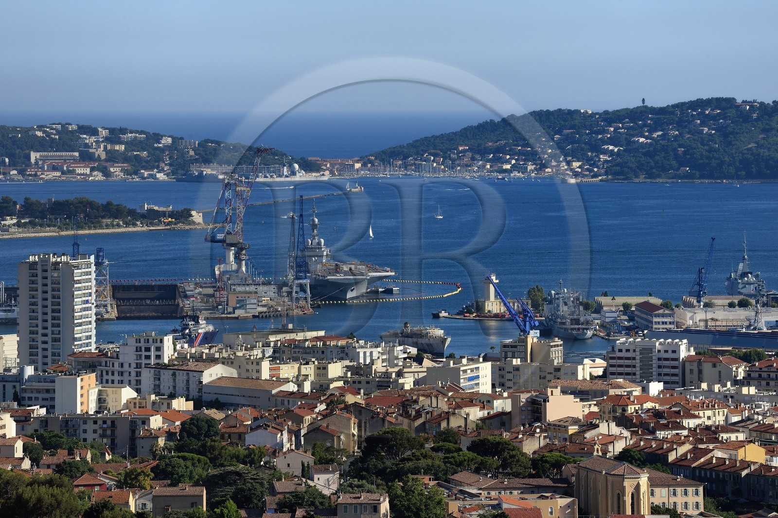 France, Var, Toulon, the Rade (Roadstead) and the naval base from Mount Faron, the large dike and the peninsula of Saint Mandrier in the background