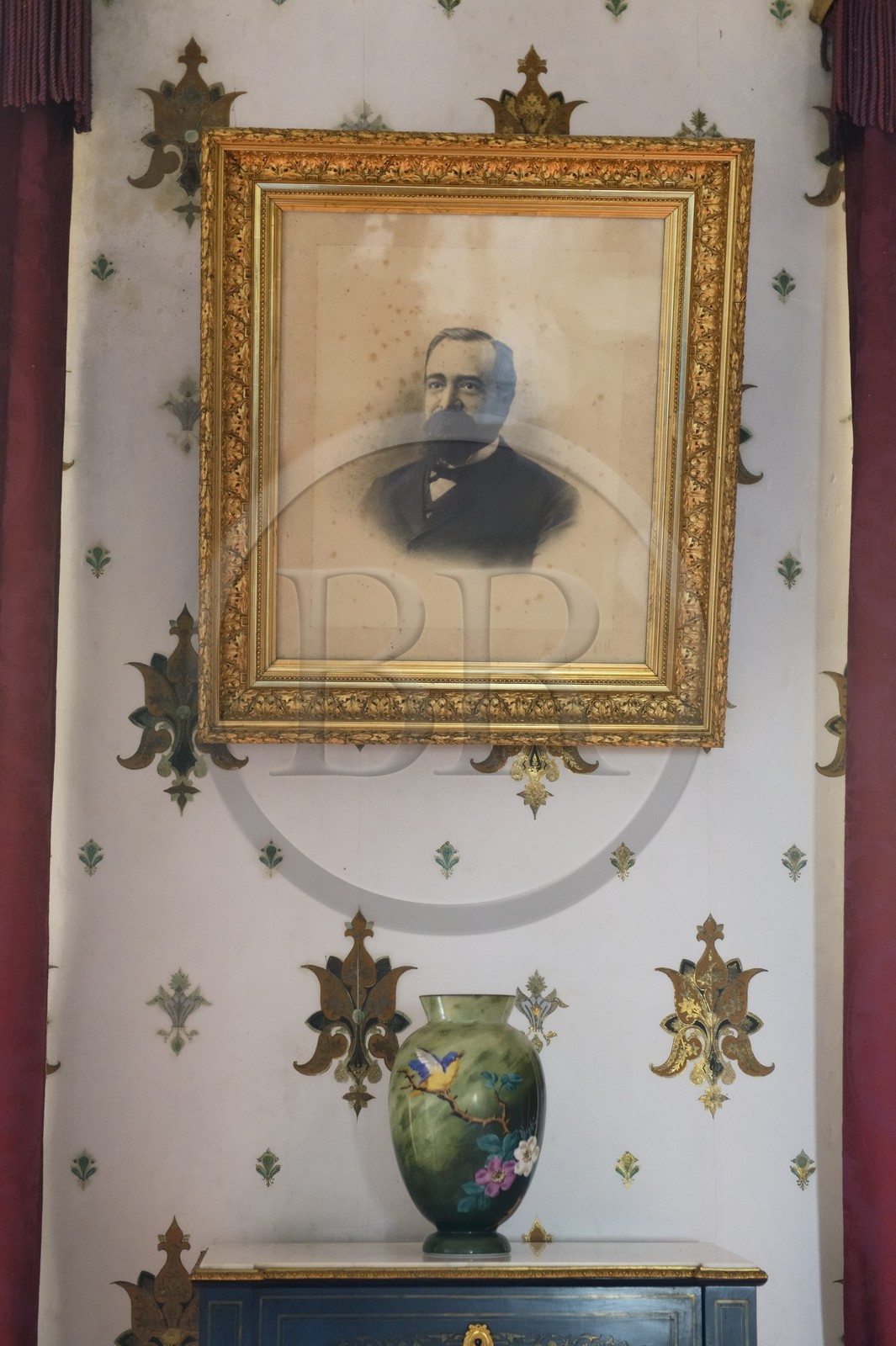 France, Haute Corse, Cap Corse, Rogliano, the palazzu Nicrosi (Palazzi or House of American), Pierre Nicrosi, here in portrait, with his three brothers prospered in trade, real estate and cotton in Alabama, the main living room is still decorated with the floral wallpaper with gold leaf placed here 135 years ago