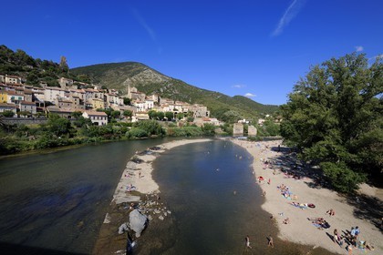 France, Herault, Orb river valley, beach on the river Orb at the village of Roquebrun