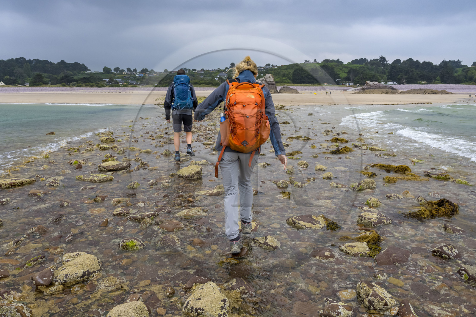 France, Côtes d'Armor (22), Grand Site de France Cap d'Erquy – Cap Fréhel, Erquy, l'Ilot Saint-Michel est accessible à pied à marée basse, passage du tombolo à marée montante