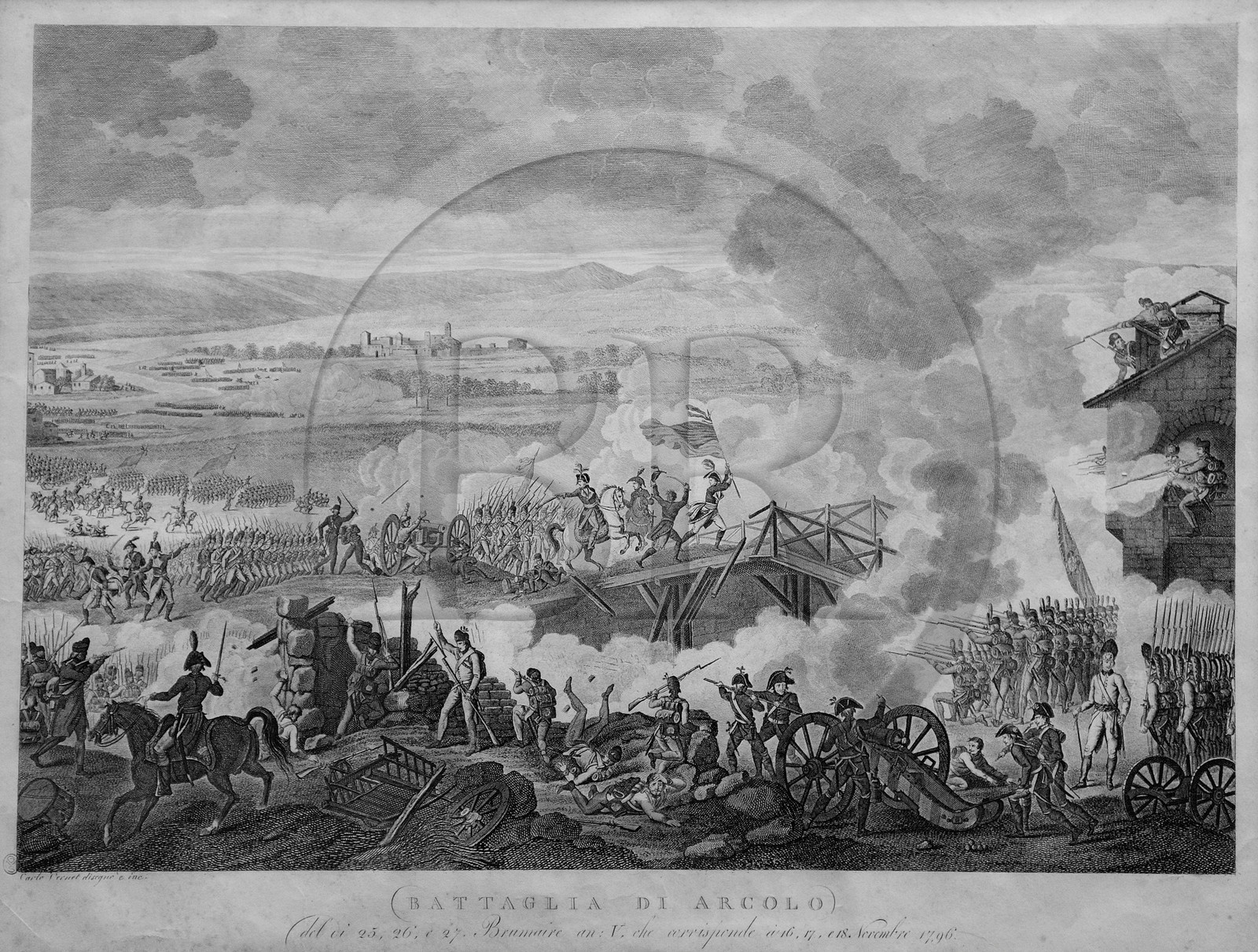 Italy, Lombardy, Milan, Museum of the Risorgimento (Museo del Risorgimento),  engraving of the Battle of Arcole or Battle of Arcola on the 15–17 November 1796 saw the victory of the french troup of Napoleon Bonaparte over Austrian army under Jozsef Alvinczi