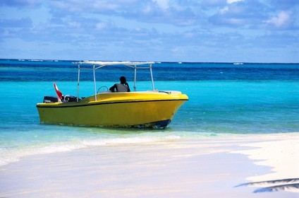 Caraïbes, Saint-Vincent et les Grenadines, archipel des Tobago Cays, hors bord sur la plage d'une petite île inhabitée