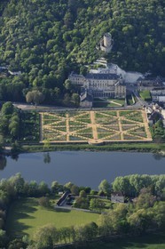 France, Val d'Oise, French Vexin Natural Park, la Roche-Guyon village, labelled Les Plus Beaux Villages de France (The Most Beautiful Villages of France), the castle and the Seine river (aerial view)