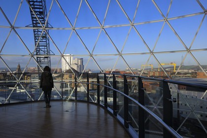 United Kingdom, Northern Ireland, Belfast, the Victoria Square commercial center glass dome measuring 35m in diameter gives a large view over the city