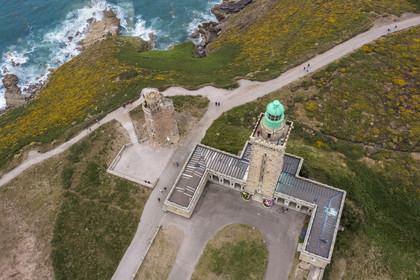 France, Cotes d'Armor, Grand Site de France Cap d'Erquy - Cap Frehel, Plevenon, the Cap Fréhel lighthouse (1950) and the Vauban lighthouse (1702) on the GR 34 hiking trail (aerial view)