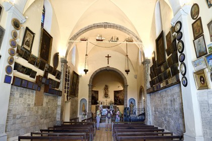 France, Var, Six Fours les Plages, hike in the Cap Sicie massif, the Notre Dame of May chapel, several hundred ex-votos come to testify to the attachment of believers for Notre-Dame-de-Bonne-Garde known as Notre-Dame-du-Mai