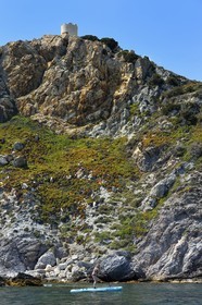France, Var, Six Fours les Plages, Ile des Embiez, Pointe du Coucoussa overlooked by the Tour de la Marine, paddle boarding excursion