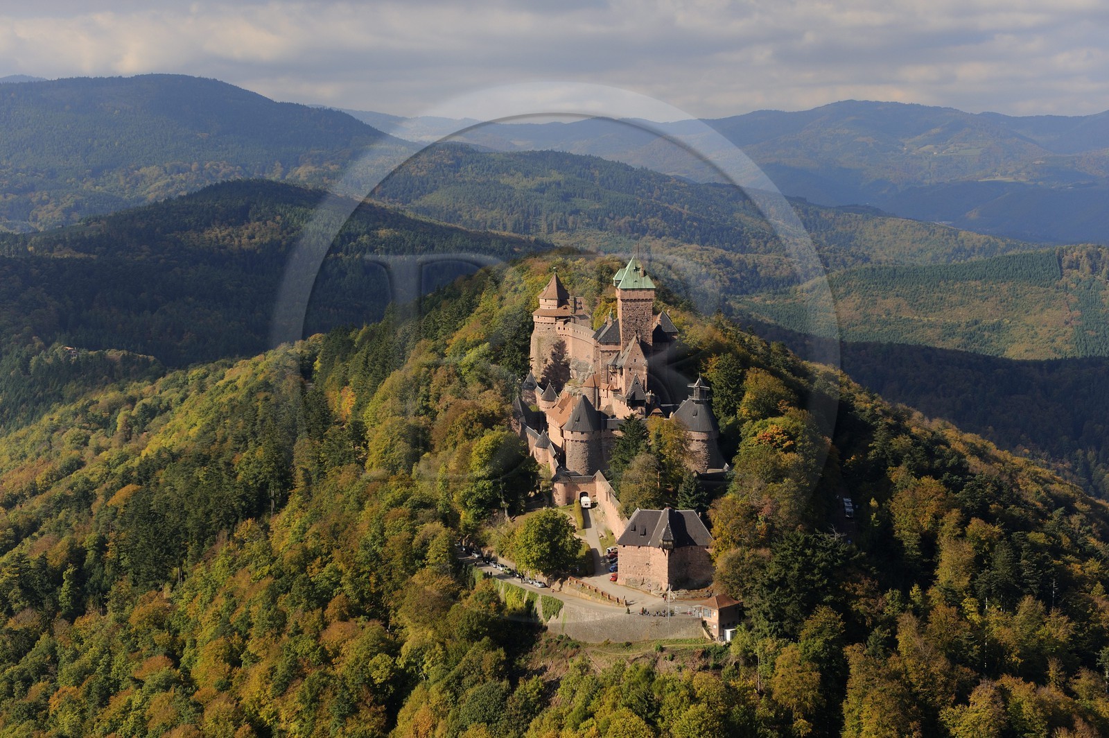France, Bas Rhin, Orschwiller, Alsace Wine Road, Haut Koenigsbourg Castle in the Vosges forest (aerial view)