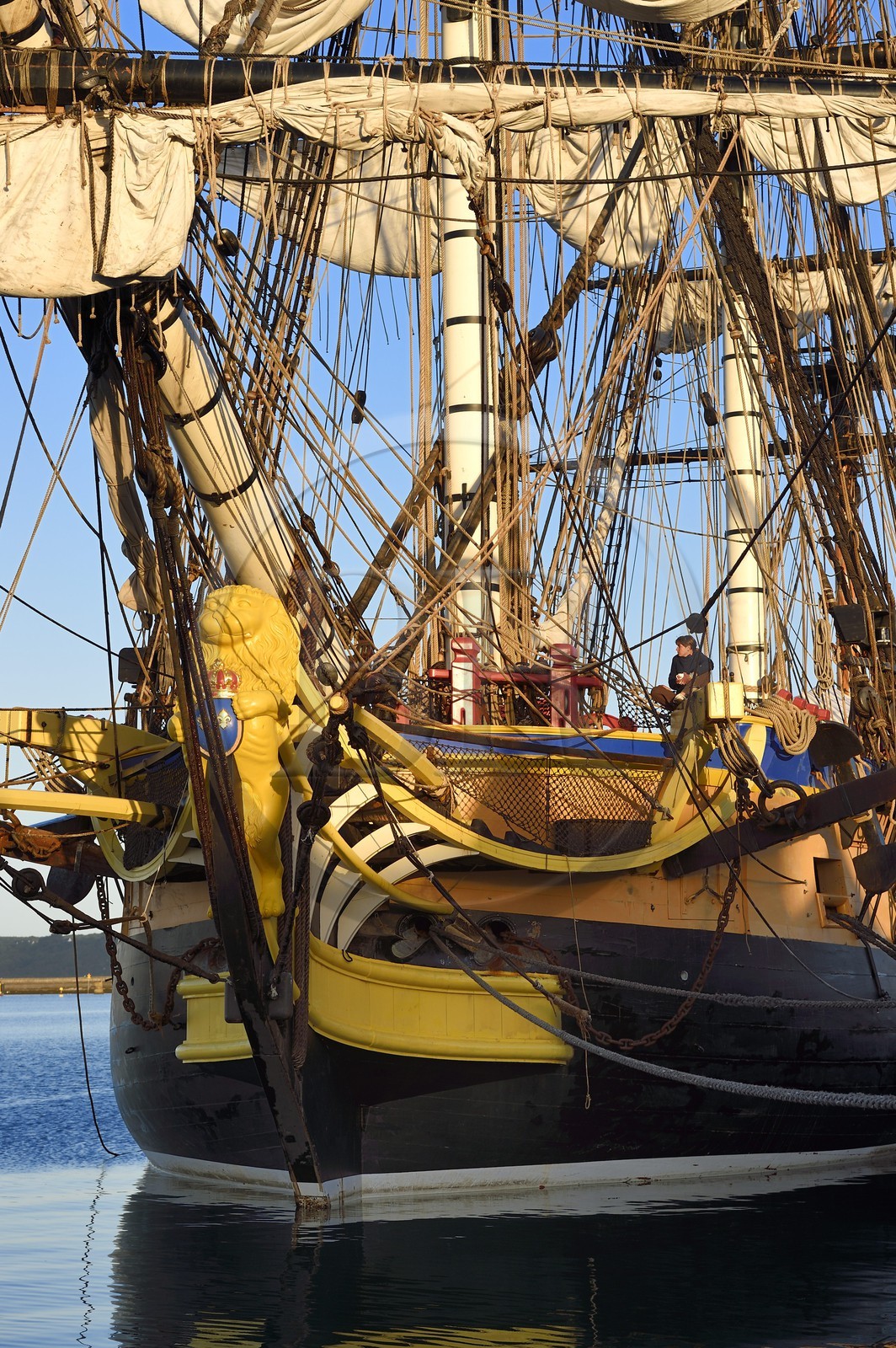 France, Finistere, Brest port, L'Hermione frigate, replica of the three masts which brought the marquis de Lafayette to America in 1780, figurehead at the bow