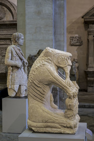 France, Vaucluse, Avignon, Lapidary Museum installed in a former chapel of the Jesuit college, archaeological collections of the Calvet Museum, statue of a fabulous androphagous ithyphallic creature, probable Gallic funerary work from the 1st century BC.