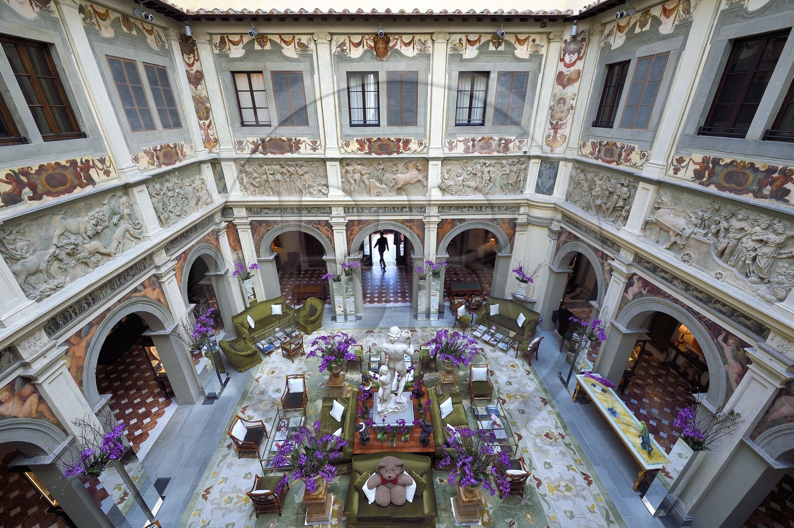 Italy, Tuscany, Florence, listed as World Heritage by UNESCO, Palazzo Della Gherardesca, 5 star palace Four Seasons Hotel Firenze, Bacchus statue by Michelangelo replica in the center of the lobby
