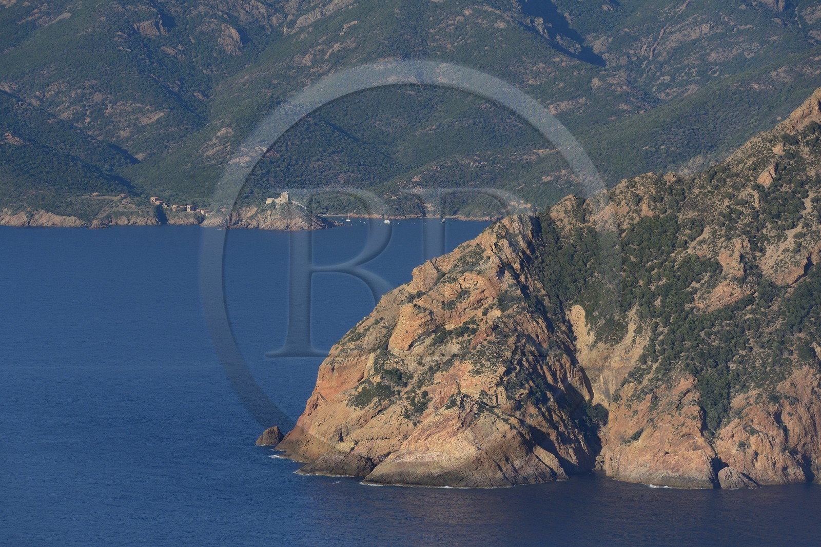 France, Corse du Sud, Golfe de Girolata, listed as World Heritage by UNESCO, and the Capo Senino in the foreground (aerial view)