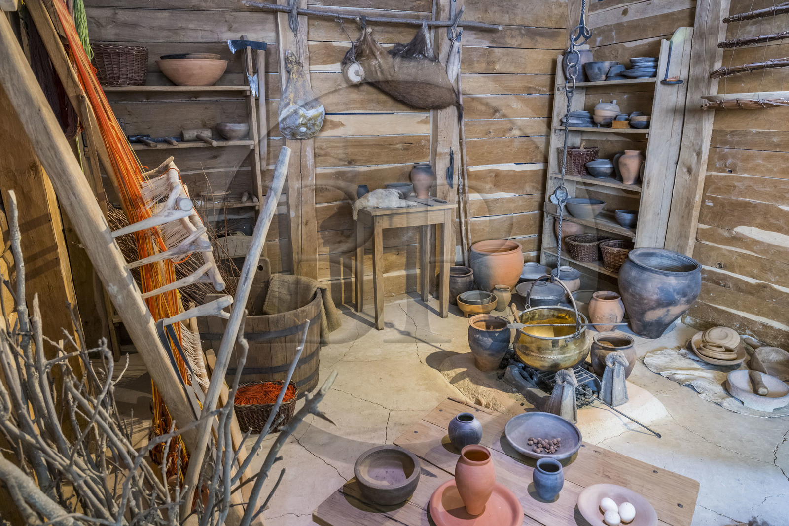 France, Saone et Loire, regional natural park of Morvan, Saint Leger sous Beuvray, oppidum of Bibracte, capital of the Celtic people of the Aedui, archaeological site on Mount Beuvray, the Celtic Civilization Museum on Mount Beuvray, evocation of a dwelling interior based on excavation data from Bibracte