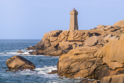 France, Cotes-d'Armor, Cote de Granit Rose, Perros-Guirec, Ploumanac'h, Pointe de Skewell (Squéouel), the Mean Ruz lighthouse on the Douaniers trail also GR 34 long-distance trail
