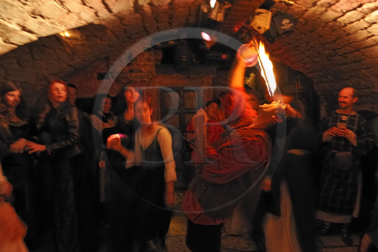 France, Paris, the Saint-Sabin cellars, medieval tavern, fire-eater